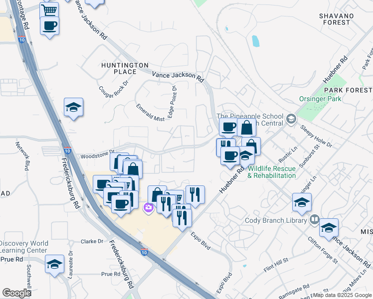map of restaurants, bars, coffee shops, grocery stores, and more near 12007 Maple Rock Court in San Antonio
