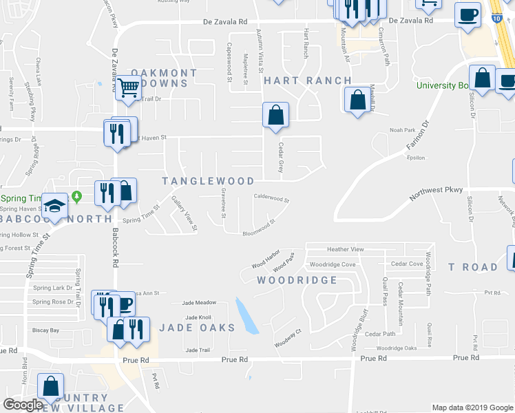 map of restaurants, bars, coffee shops, grocery stores, and more near 11814 Blythewood Street in San Antonio