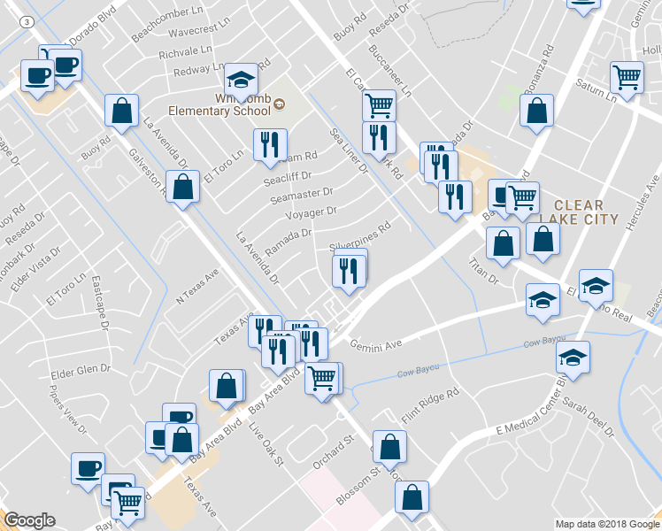map of restaurants, bars, coffee shops, grocery stores, and more near 16614 Thunderbay Drive in Houston