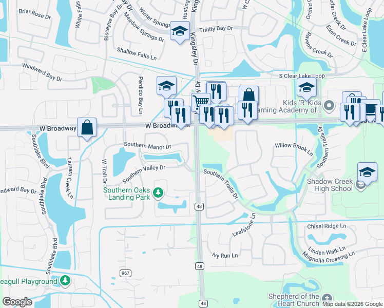 map of restaurants, bars, coffee shops, grocery stores, and more near 3111 Trail Ridge Drive in Pearland