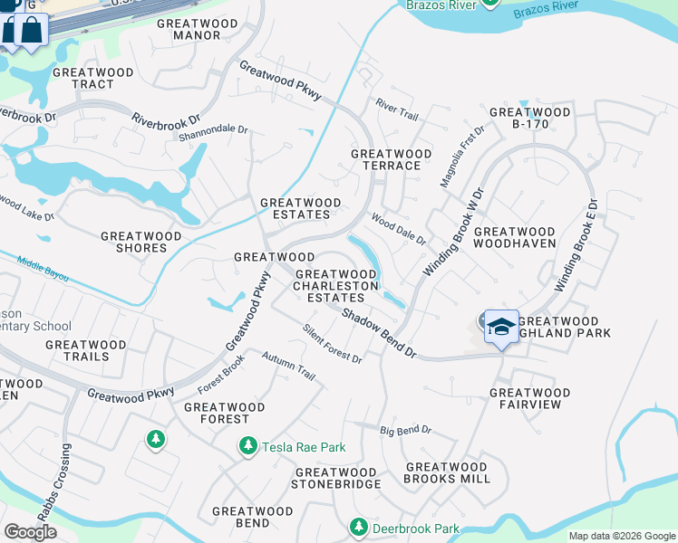 map of restaurants, bars, coffee shops, grocery stores, and more near 1802 Oak Shade Court in Sugar Land