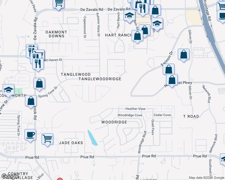 map of restaurants, bars, coffee shops, grocery stores, and more near 6006 Bloomwood Street in San Antonio