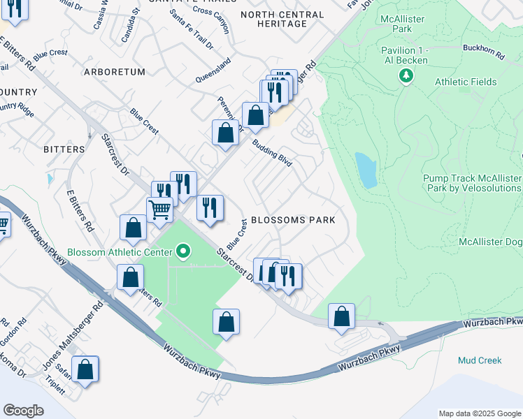 map of restaurants, bars, coffee shops, grocery stores, and more near 2002 Lotus Blossom St in San Antonio