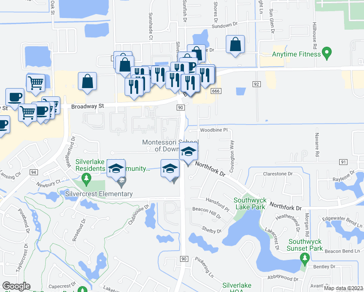 map of restaurants, bars, coffee shops, grocery stores, and more near 2419 County Road 90 in Pearland