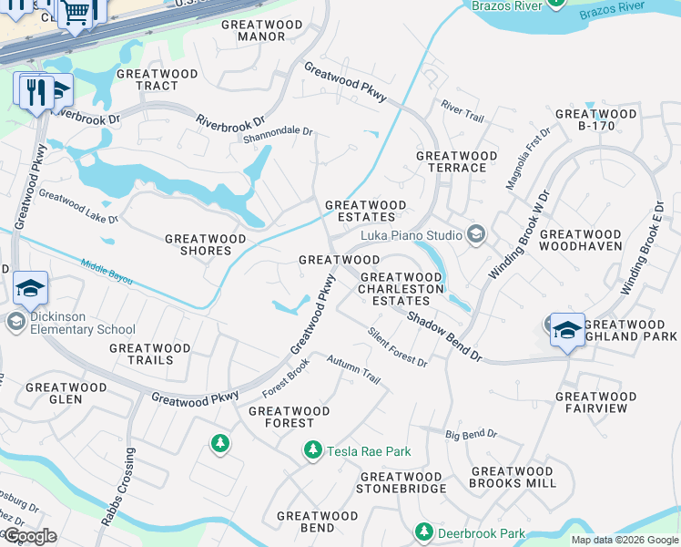 map of restaurants, bars, coffee shops, grocery stores, and more near 7703 Old Tree Court in Sugar Land