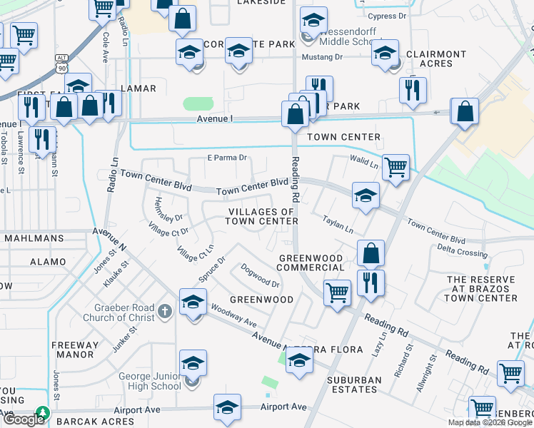 map of restaurants, bars, coffee shops, grocery stores, and more near 5118 Cotter Lane in Rosenberg