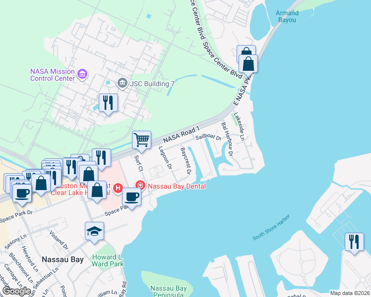 map of restaurants, bars, coffee shops, grocery stores, and more near 2626 Baycrest Drive in Houston