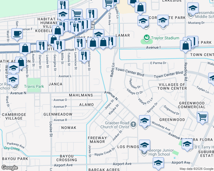 map of restaurants, bars, coffee shops, grocery stores, and more near 1504 Radio Lane in Rosenberg