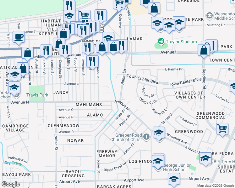 map of restaurants, bars, coffee shops, grocery stores, and more near 1504 Radio Lane in Rosenberg
