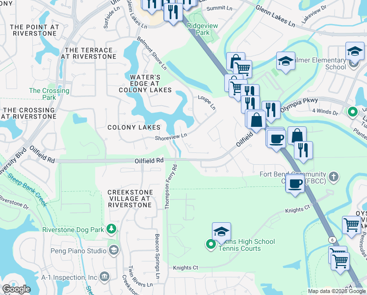 map of restaurants, bars, coffee shops, grocery stores, and more near 6918 Sable River Dr in Missouri City
