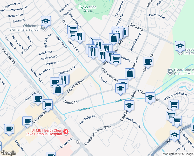 map of restaurants, bars, coffee shops, grocery stores, and more near 16826 Titan Drive in Houston