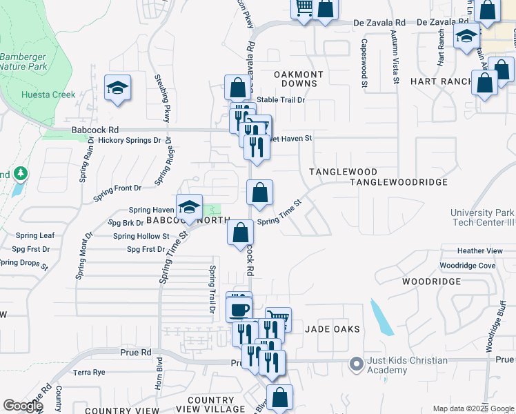 map of restaurants, bars, coffee shops, grocery stores, and more near 6467 Babcock Road in San Antonio