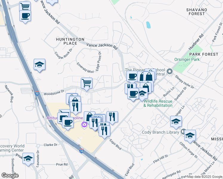 map of restaurants, bars, coffee shops, grocery stores, and more near 4930 Woodstone Drive in San Antonio