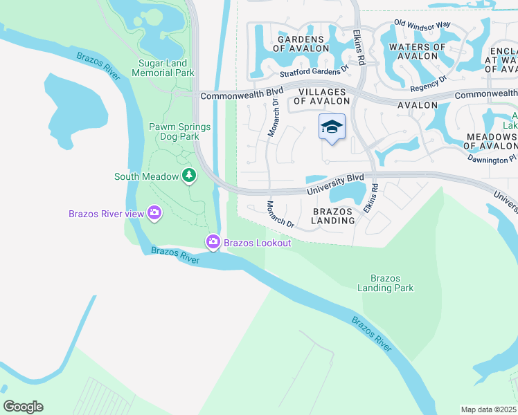 map of restaurants, bars, coffee shops, grocery stores, and more near 6006 Springbrook Court in Sugar Land