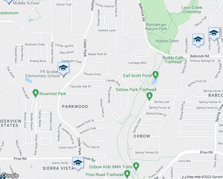 map of restaurants, bars, coffee shops, grocery stores, and more near 11094 Moonlit Park in San Antonio
