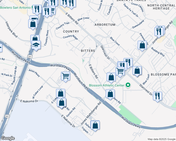map of restaurants, bars, coffee shops, grocery stores, and more near 12240 Farview Lane in San Antonio