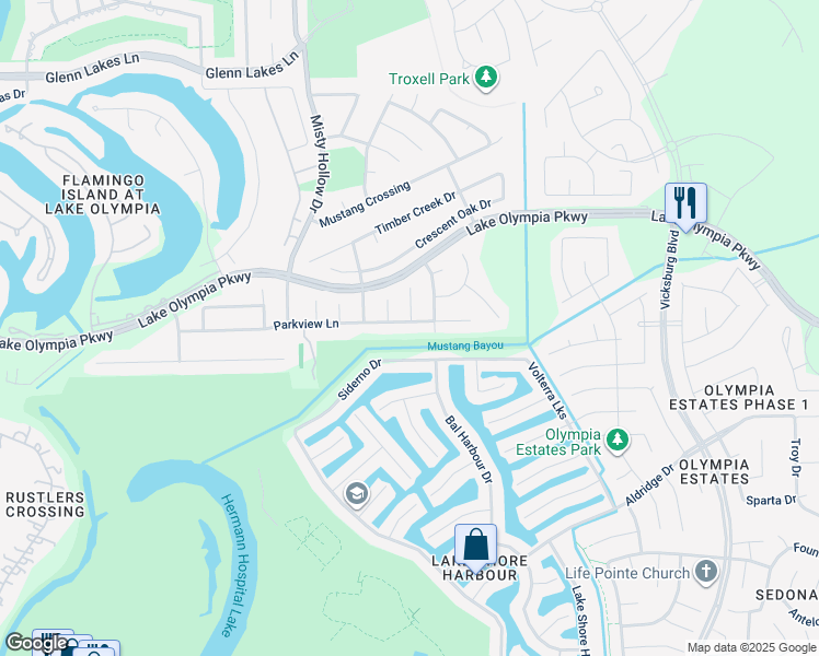 map of restaurants, bars, coffee shops, grocery stores, and more near 1719 Parkview Lane in Missouri City