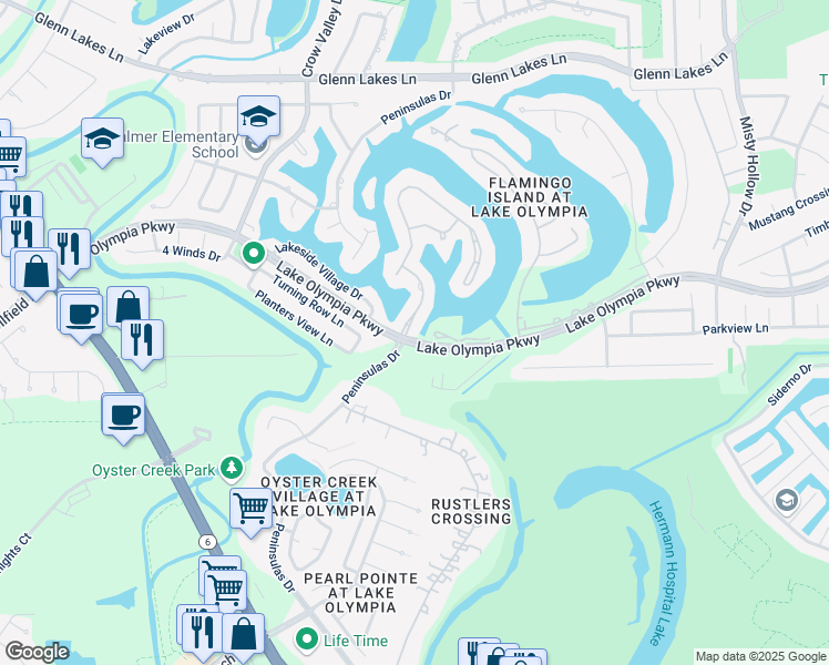 map of restaurants, bars, coffee shops, grocery stores, and more near 1 Swan Isle Boulevard in Missouri City