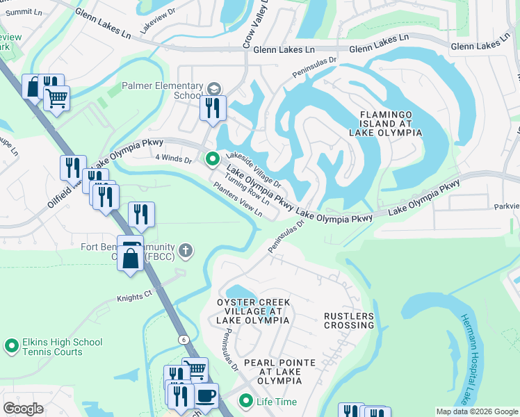 map of restaurants, bars, coffee shops, grocery stores, and more near 2622 Planters View Lane in Missouri City