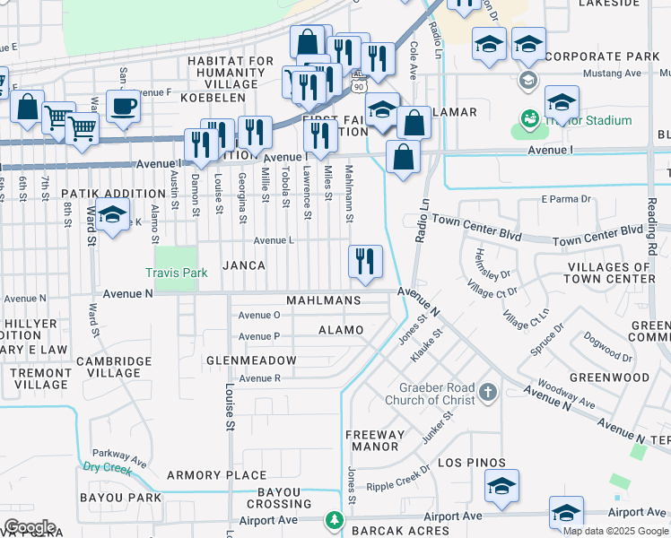 map of restaurants, bars, coffee shops, grocery stores, and more near 1509 Miles Street in Rosenberg