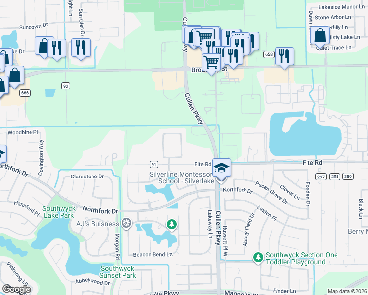 map of restaurants, bars, coffee shops, grocery stores, and more near 3017 Rocky Point Drive in Pearland