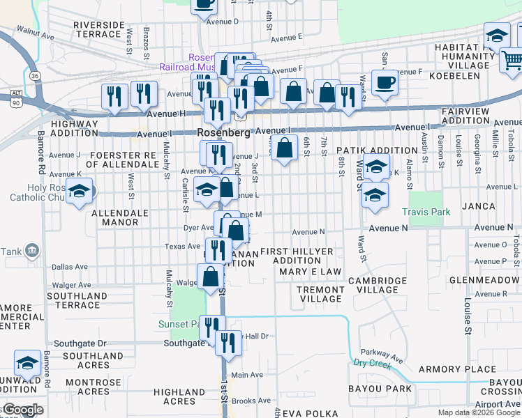 map of restaurants, bars, coffee shops, grocery stores, and more near 1419 3rd Street in Rosenberg