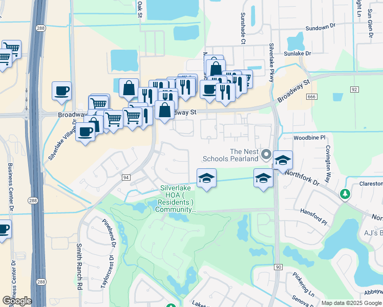 map of restaurants, bars, coffee shops, grocery stores, and more near 2407 Foxglove Drive in Pearland