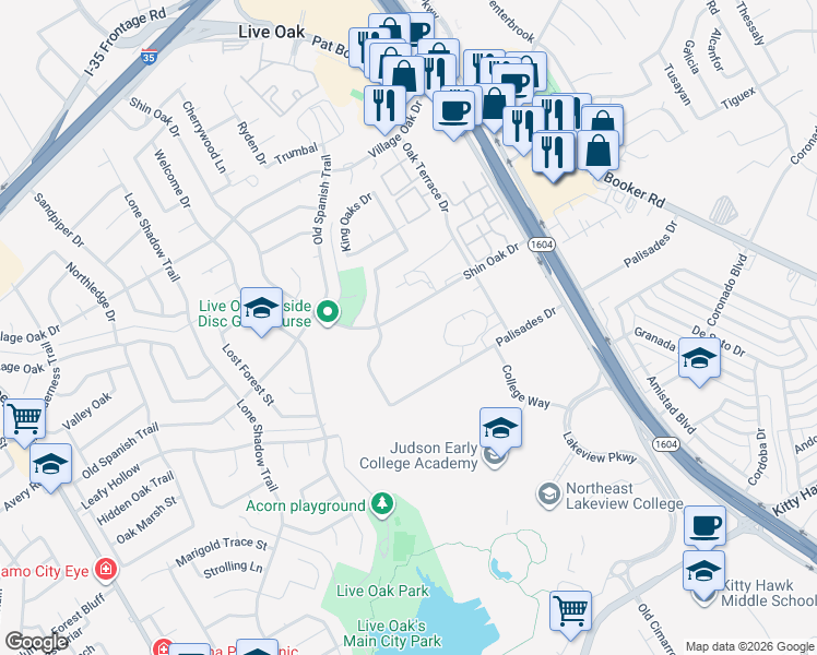 map of restaurants, bars, coffee shops, grocery stores, and more near 8012 Shin Oak Drive in Live Oak