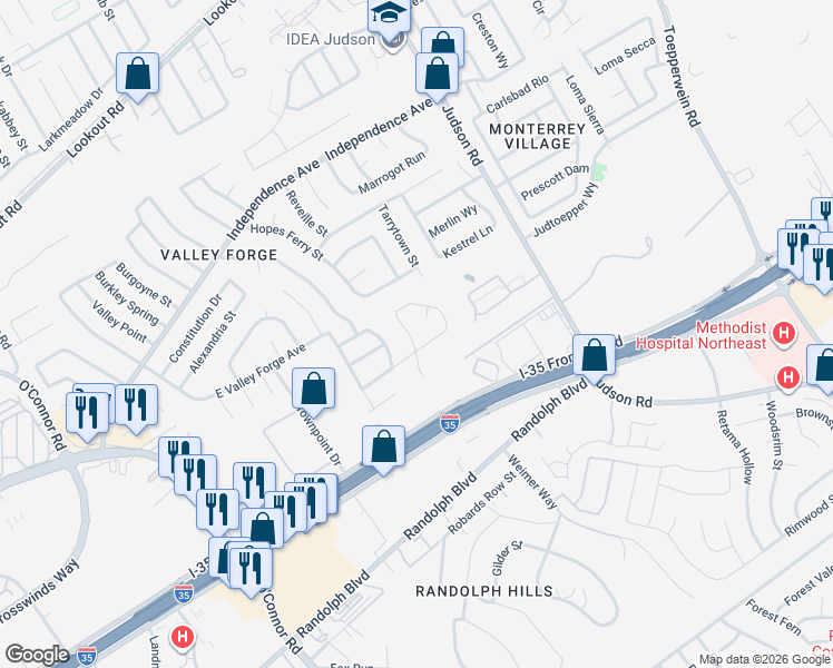 map of restaurants, bars, coffee shops, grocery stores, and more near 12410 Bret Springs Street in San Antonio