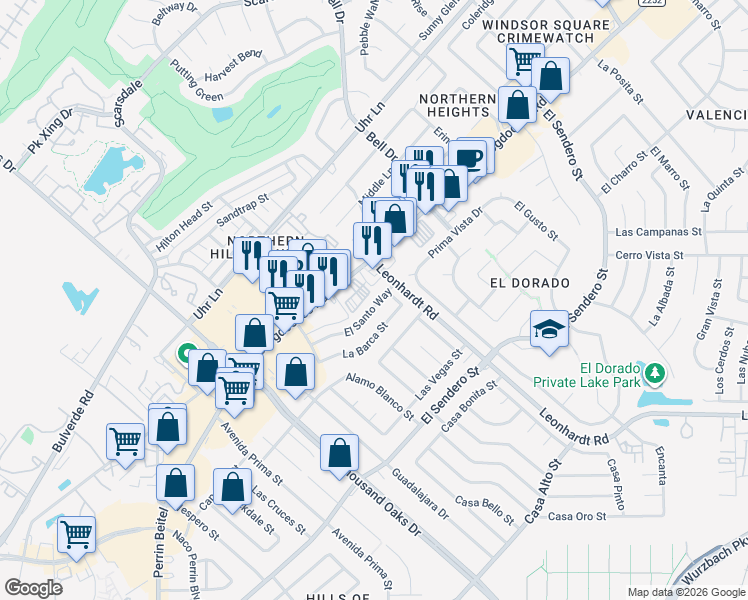 map of restaurants, bars, coffee shops, grocery stores, and more near 12330 El Santo Way in San Antonio
