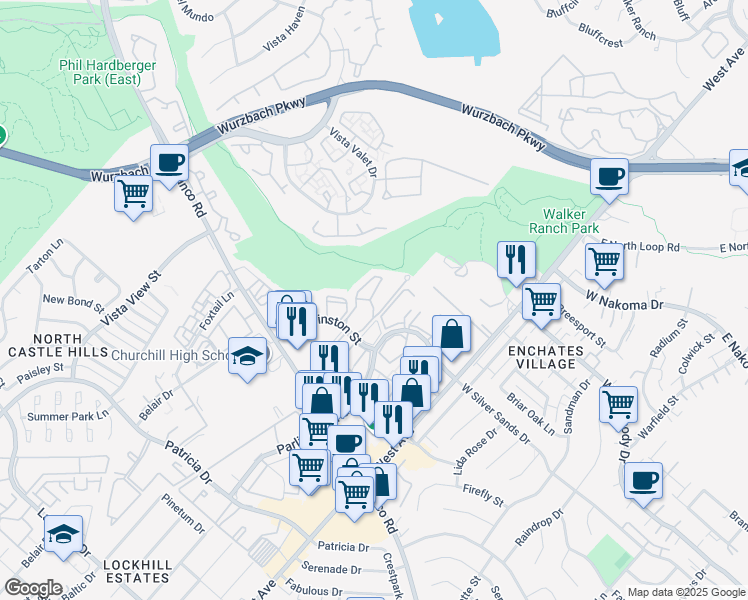 map of restaurants, bars, coffee shops, grocery stores, and more near 11245 Sir Winston Street in San Antonio