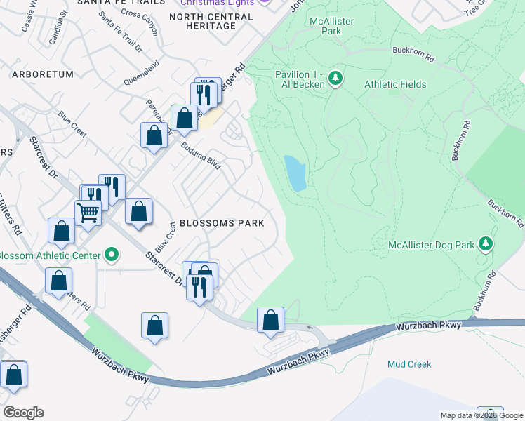 map of restaurants, bars, coffee shops, grocery stores, and more near 12215 Melon Street in San Antonio