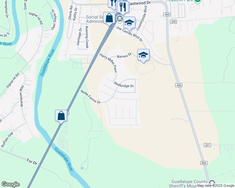 map of restaurants, bars, coffee shops, grocery stores, and more near 1505 Doncaster Drive in Seguin