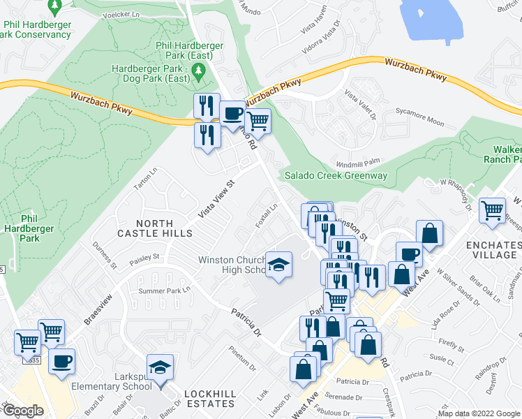 map of restaurants, bars, coffee shops, grocery stores, and more near 7 Fox Tail in San Antonio