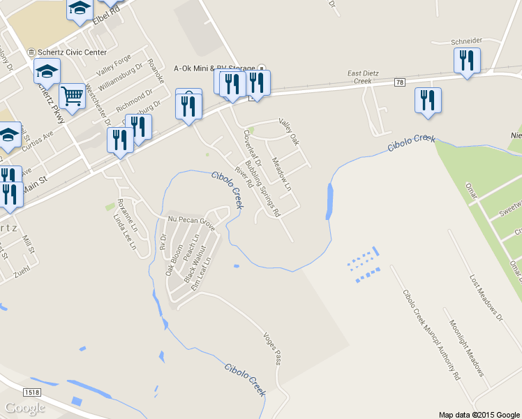 map of restaurants, bars, coffee shops, grocery stores, and more near 125 Laurel Lane in Schertz