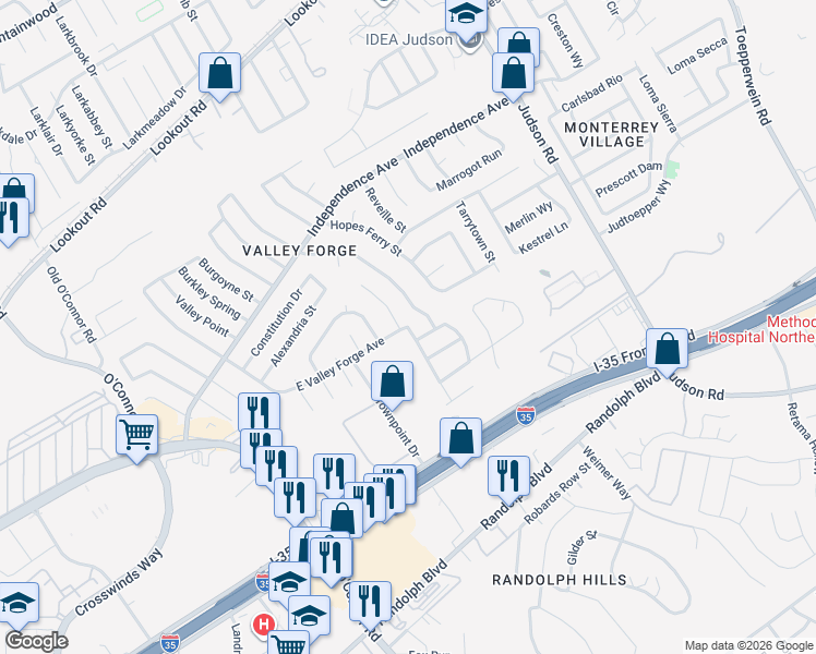 map of restaurants, bars, coffee shops, grocery stores, and more near 24726 Bridge Path Street in San Antonio