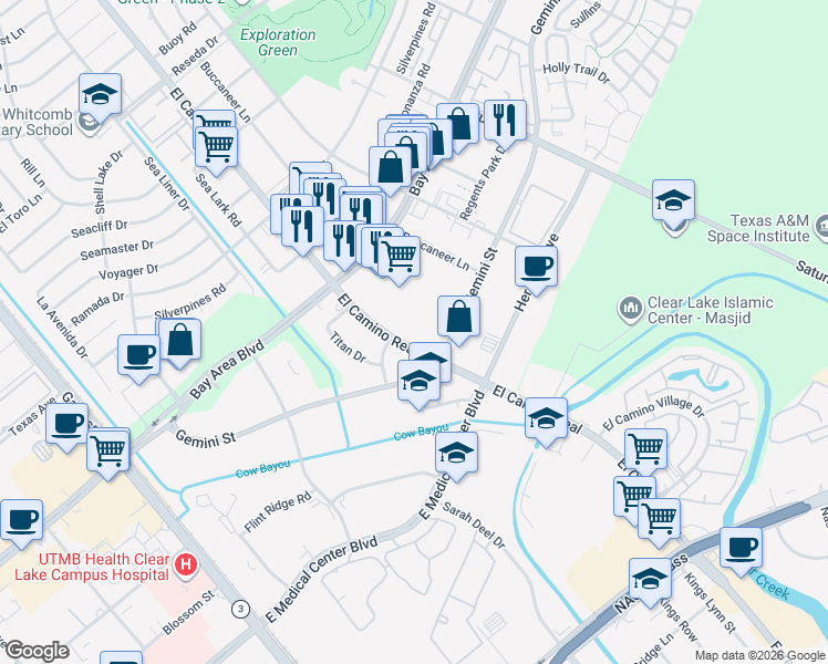 map of restaurants, bars, coffee shops, grocery stores, and more near 17049 El Camino Real in Houston