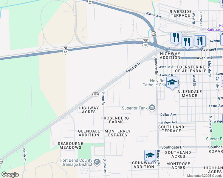 map of restaurants, bars, coffee shops, grocery stores, and more near 418 Avenue H in Rosenberg