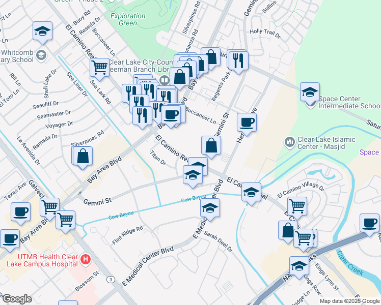 map of restaurants, bars, coffee shops, grocery stores, and more near 17049 El Camino Real in Houston