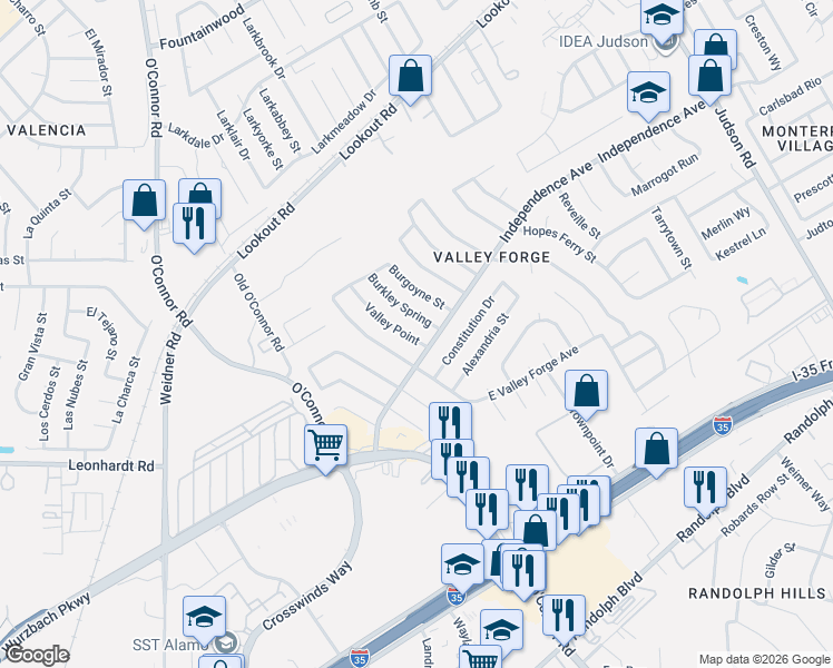 map of restaurants, bars, coffee shops, grocery stores, and more near 5822 Valley Point in San Antonio