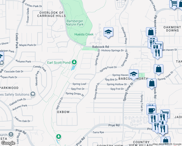 map of restaurants, bars, coffee shops, grocery stores, and more near 6906 Sunset Village Drive in San Antonio