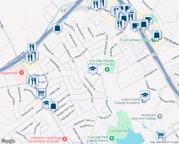 map of restaurants, bars, coffee shops, grocery stores, and more near 110 Lost Forest Street in San Antonio
