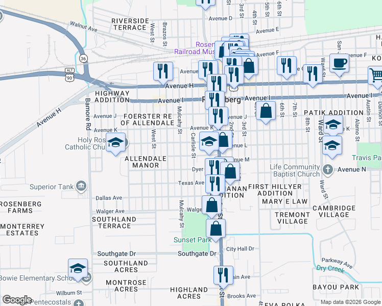 map of restaurants, bars, coffee shops, grocery stores, and more near 1500 Carlisle Street in Rosenberg