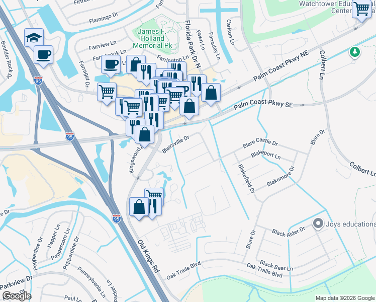 map of restaurants, bars, coffee shops, grocery stores, and more near 21 Blairmore Place in Palm Coast