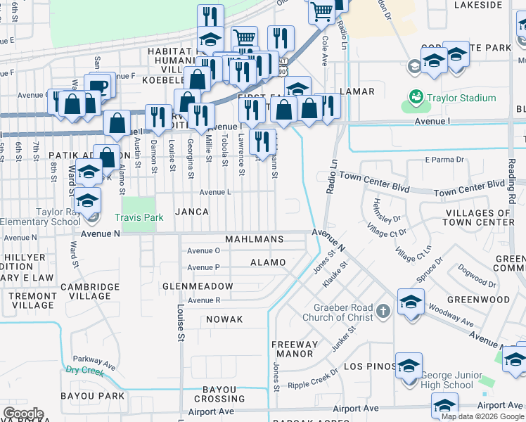 map of restaurants, bars, coffee shops, grocery stores, and more near 1509 Miles Street in Rosenberg