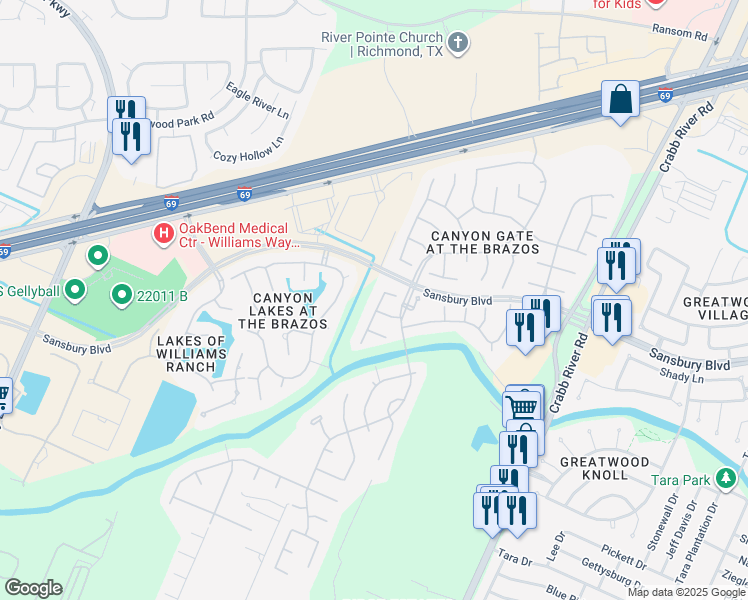 map of restaurants, bars, coffee shops, grocery stores, and more near 1215 Deep River Drive in Richmond