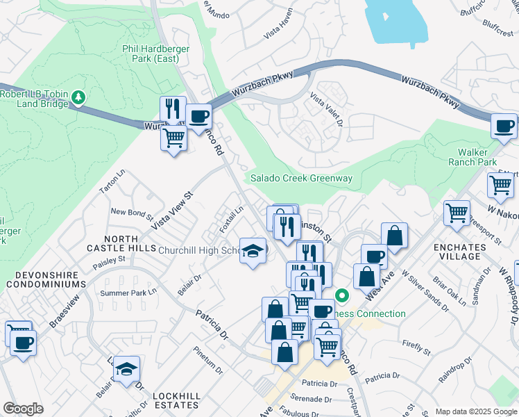 map of restaurants, bars, coffee shops, grocery stores, and more near 12221 Blanco Road in San Antonio
