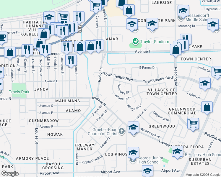map of restaurants, bars, coffee shops, grocery stores, and more near 1413 Village Court Boulevard in Rosenberg