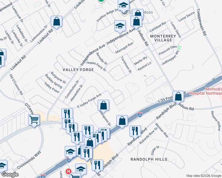 map of restaurants, bars, coffee shops, grocery stores, and more near 6154 East Valley Forge Avenue in San Antonio