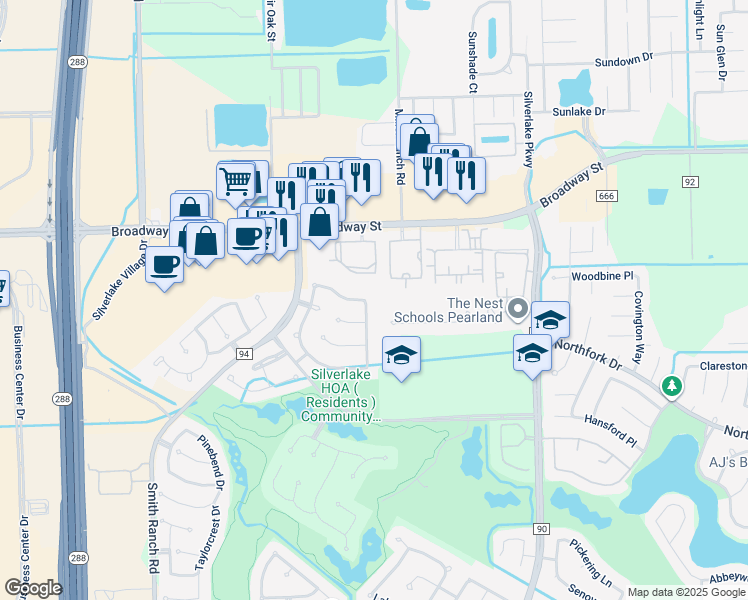 map of restaurants, bars, coffee shops, grocery stores, and more near 2407 Foxglove Drive in Pearland